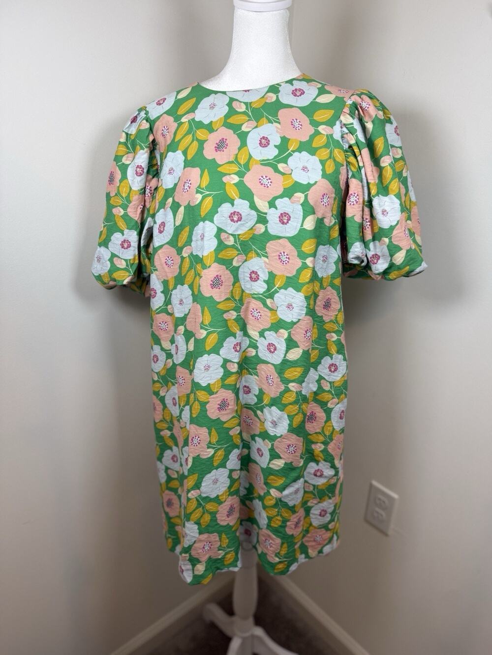 English Factory Womenโs Medium Green Floral Mini Dress Puff Sleeve Cottagecore